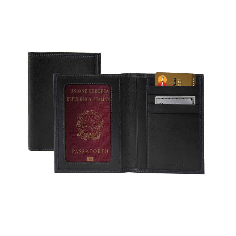 K10222AB | Porta Documenti + Passaporto in Vera Pelle pieno fiore, con leggera grana. Colore Nero. Dimensioni da chiuso: cm 10 x 14 x 1 - Confezione: Gift Box rigido fondo/coperchio-3