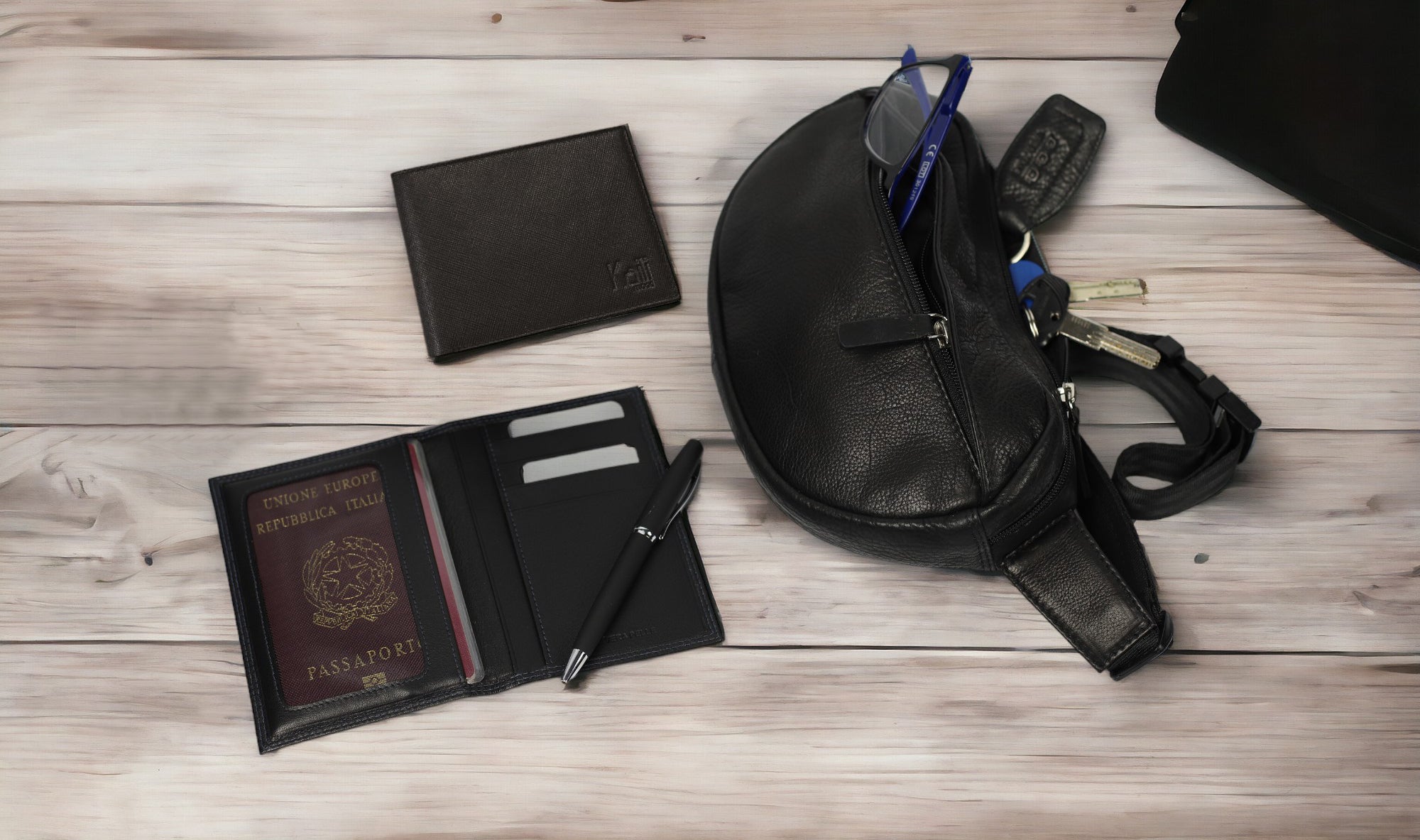 K10222AB | Porta Documenti + Passaporto in Vera Pelle pieno fiore, con leggera grana. Colore Nero. Dimensioni da chiuso: cm 10 x 14 x 1 - Confezione: Gift Box rigido fondo/coperchio-4