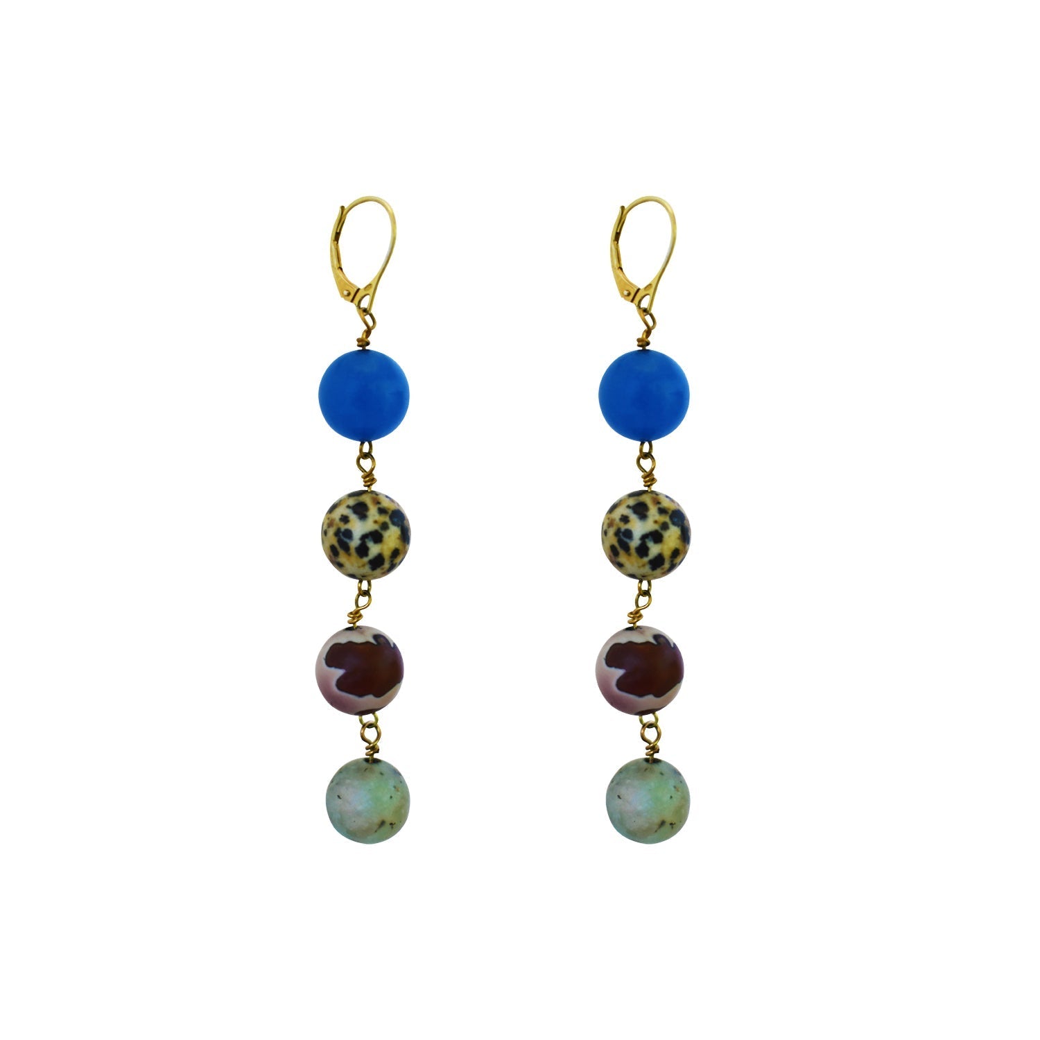 Blue Aventurine, Dalmatian Jasper, Mookaite and Sesame Jasper Yellow gold vermeil or 18k gold earrings | by nlanlaVictory - tutto per te