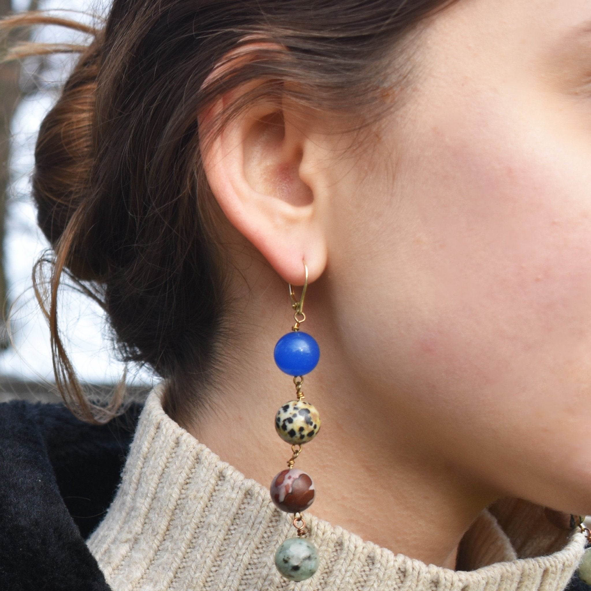 Blue Aventurine, Dalmatian Jasper, Mookaite and Sesame Jasper Yellow gold vermeil or 18k gold earrings | by nlanlaVictory - tutto per te