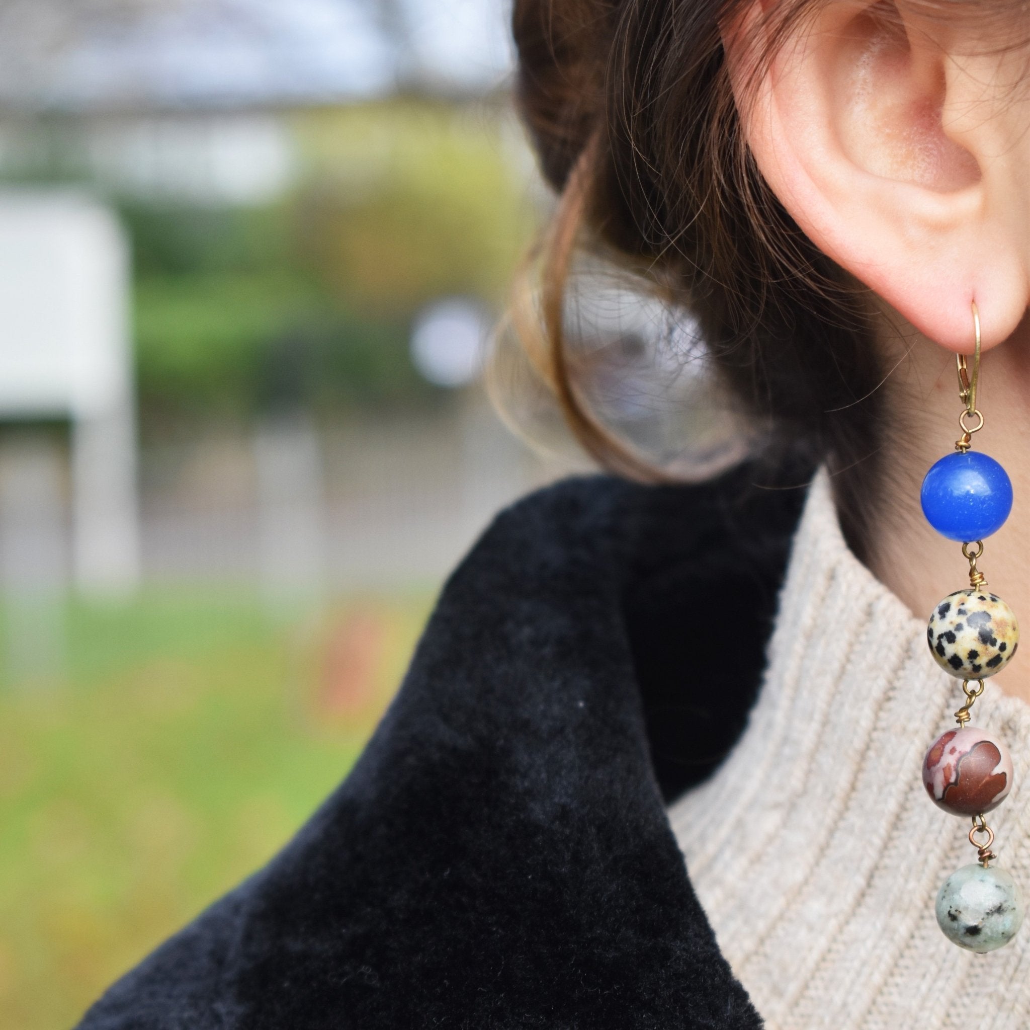 Blue Aventurine, Dalmatian Jasper, Mookaite and Sesame Jasper Yellow gold vermeil or 18k gold earrings | by nlanlaVictory - tutto per te